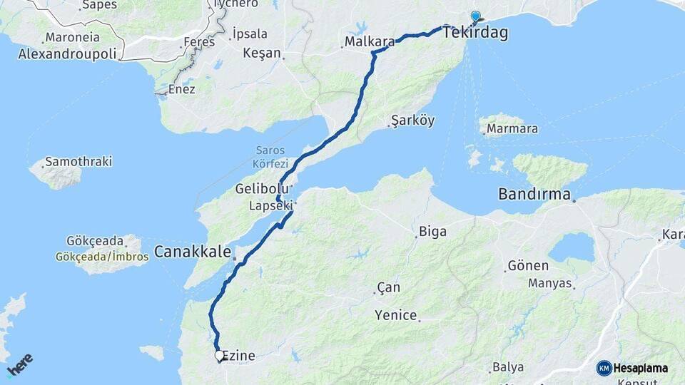 Tekirdağ Ezine Çanakkale Arası Kaç Km - Yol Haritası
