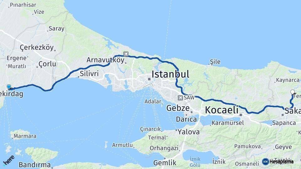 Tekirdağ Ferizli Sakarya Arası Kaç Km - Yol Haritası