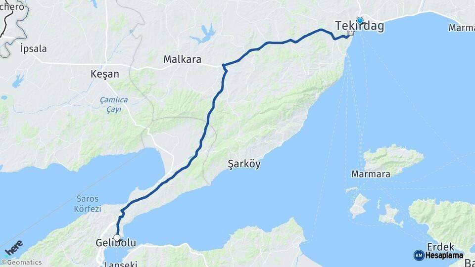 Tekirdağ Gelibolu Çanakkale Arası Kaç Km - Yol Haritası