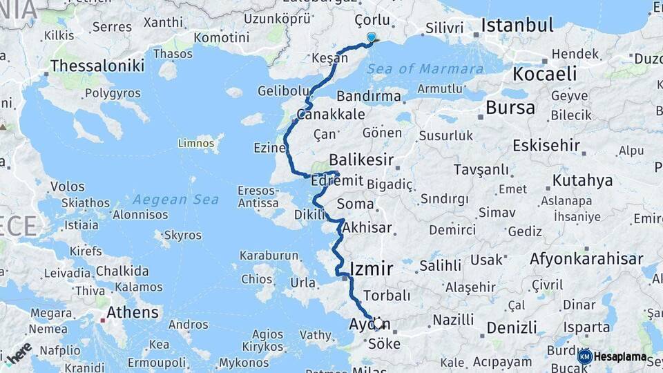 Tekirdağ Germencik Aydın Arası Kaç Km - Yol Haritası