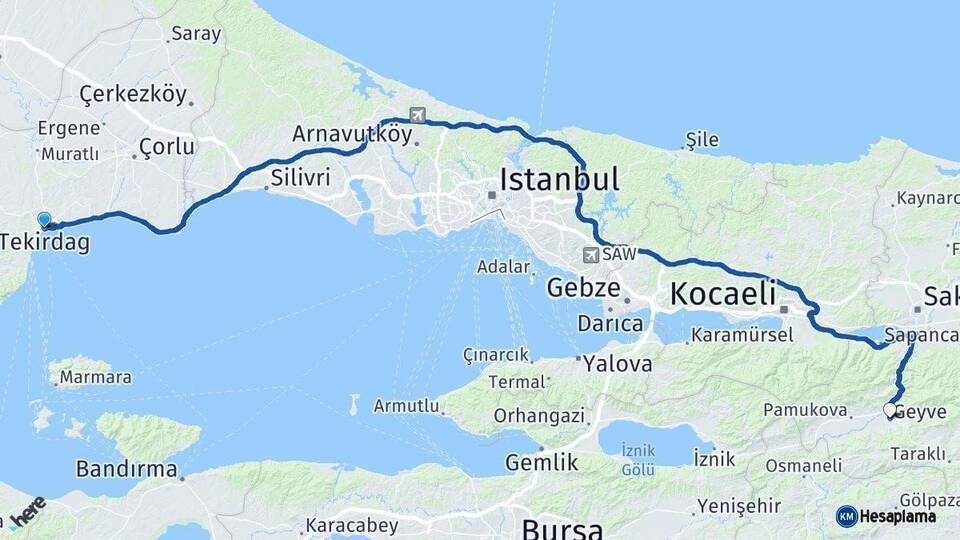 Tekirdağ Geyve Sakarya Arası Kaç Km - Yol Haritası