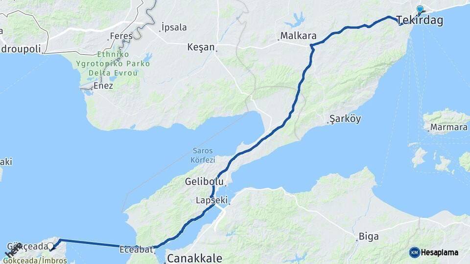 Tekirdağ Gökçeada Çanakkale Arası Kaç Km - Yol Haritası