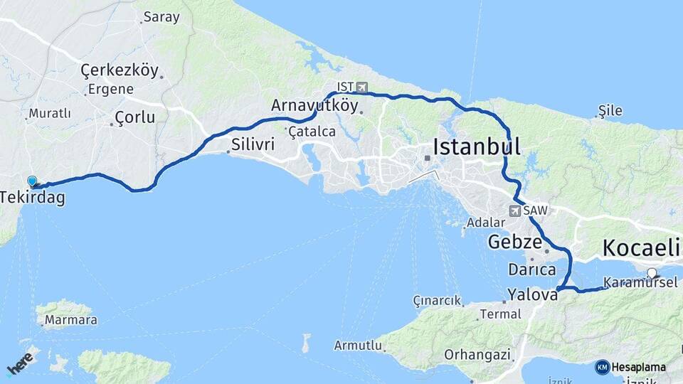 Tekirdağ Gölcük Kocaeli Arası Kaç Km - Yol Haritası