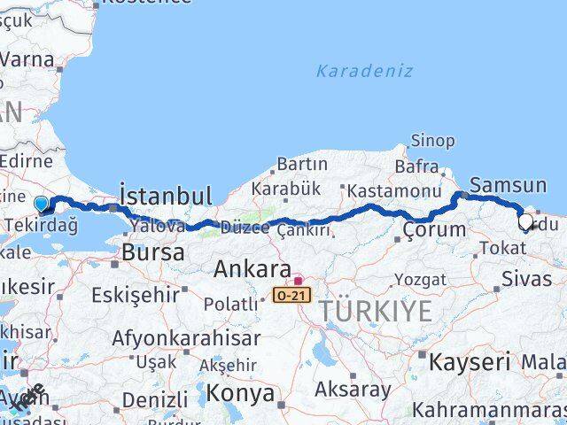 Tekirdağ Gölköy Ordu Arası Kaç Km - Yol Haritası