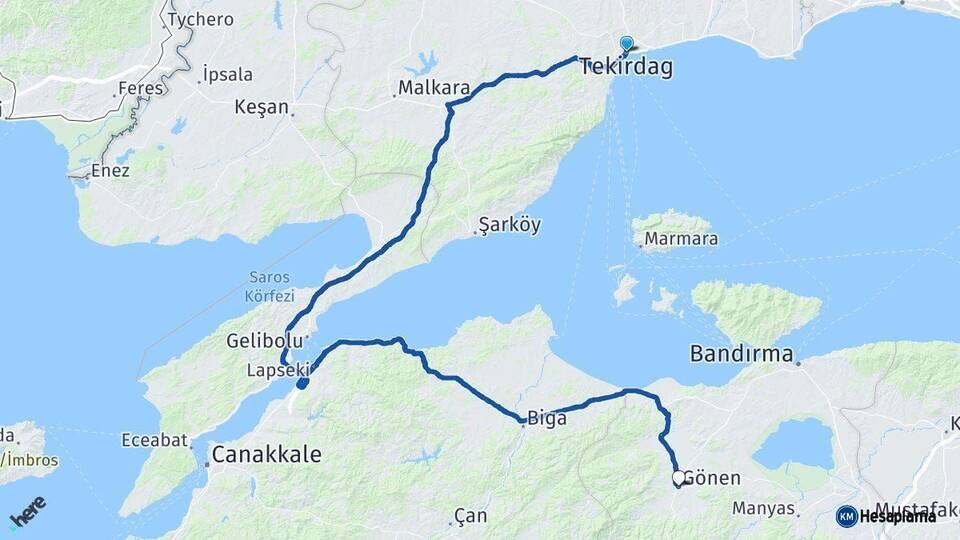 Tekirdağ Gönen Balıkesir Arası Kaç Km - Yol Haritası