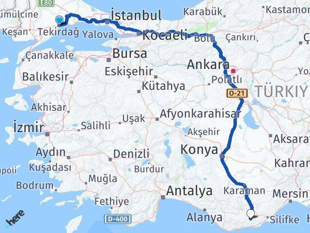 Tekirdağ Gülnar Mersin Arası Kaç Km - Yol Haritası