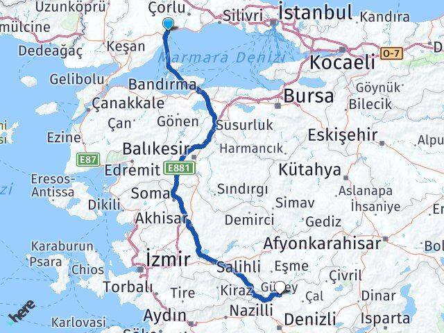 Tekirdağ Güney Denizli Arası Kaç Km - Yol Haritası