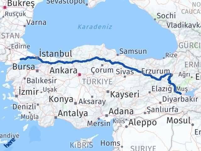 Tekirdağ Güroymak Bitlis Arası Kaç Km - Yol Haritası