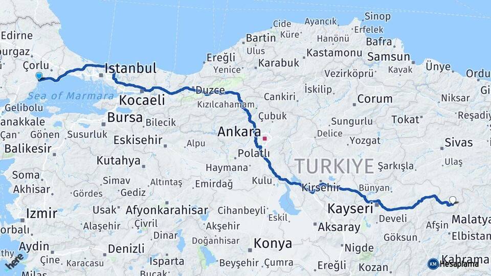 Tekirdağ Gürün Sivas Arası Kaç Km - Yol Haritası