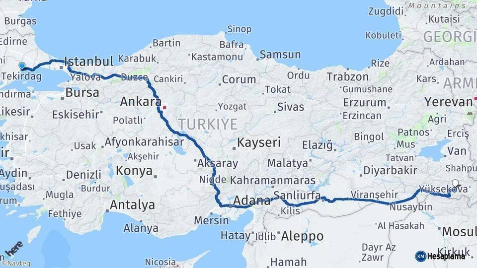 Tekirdağ Hakkari Arası Kaç Km - Yol Haritası