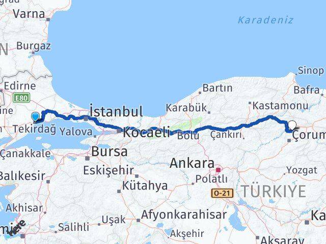 Tekirdağ Hamamözü Amasya Arası Kaç Km - Yol Haritası