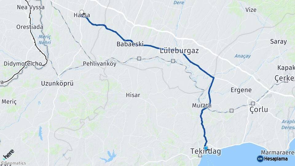 Tekirdağ Havsa Edirne Arası Kaç Km - Yol Haritası