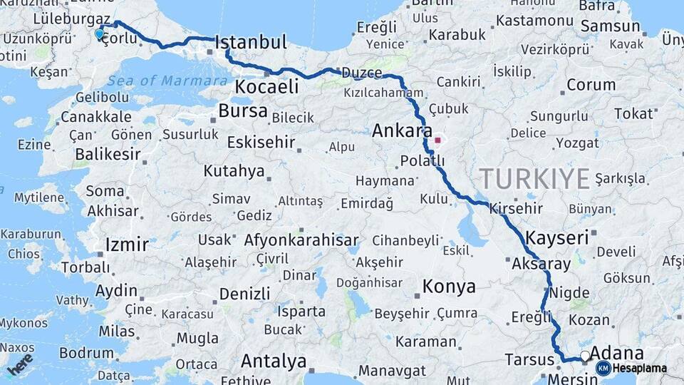 Tekirdağ Hayrabolu Adana Arası Kaç Km - Yol Haritası