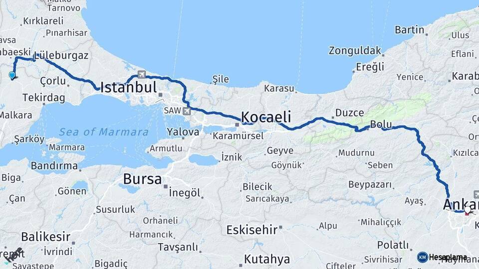 Tekirdağ Hayrabolu Ankara Arası Kaç Km - Yol Haritası