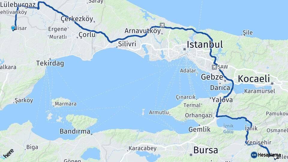 Tekirdağ Hayrabolu Bilecik Arası Kaç Km - Yol Haritası