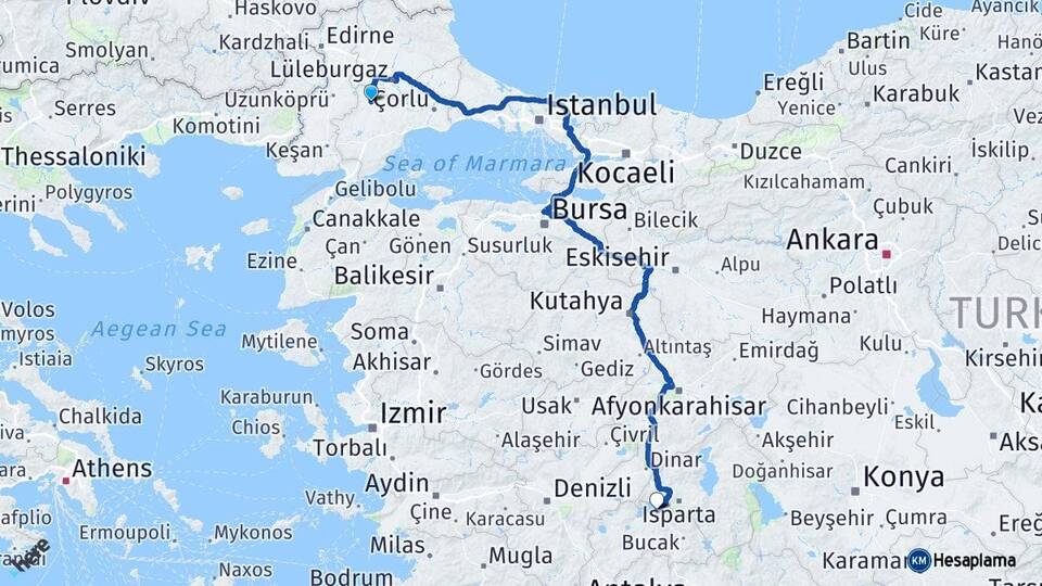 Tekirdağ Hayrabolu Burdur Arası Kaç Km - Yol Haritası
