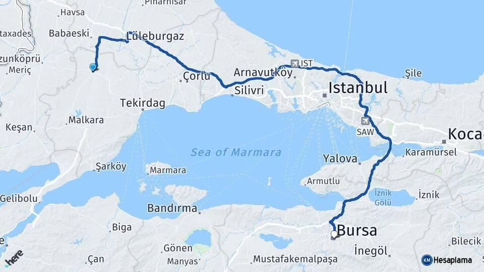 Tekirdağ Hayrabolu Bursa Arası Kaç Km - Yol Haritası