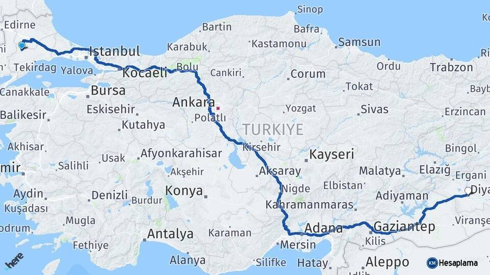Tekirdağ Hayrabolu Diyarbakır Arası Kaç Km - Yol Haritası