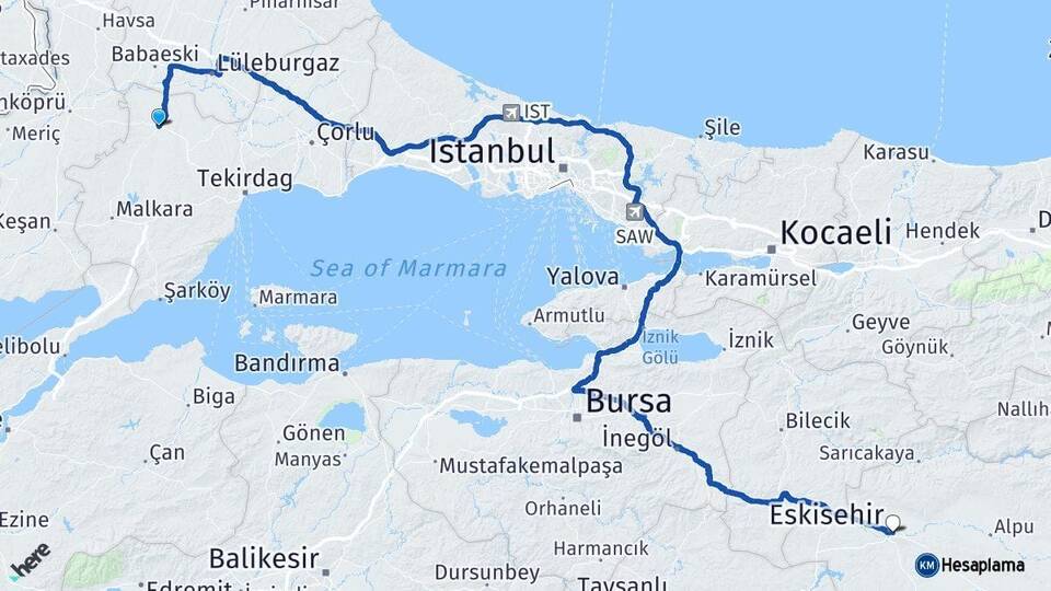Tekirdağ Hayrabolu Eskişehir Arası Kaç Km - Yol Haritası