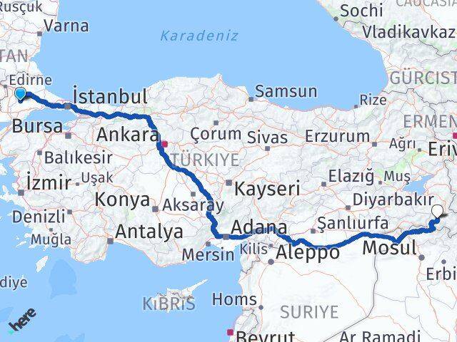 Tekirdağ Hayrabolu Hakkari Arası Kaç Km - Yol Haritası