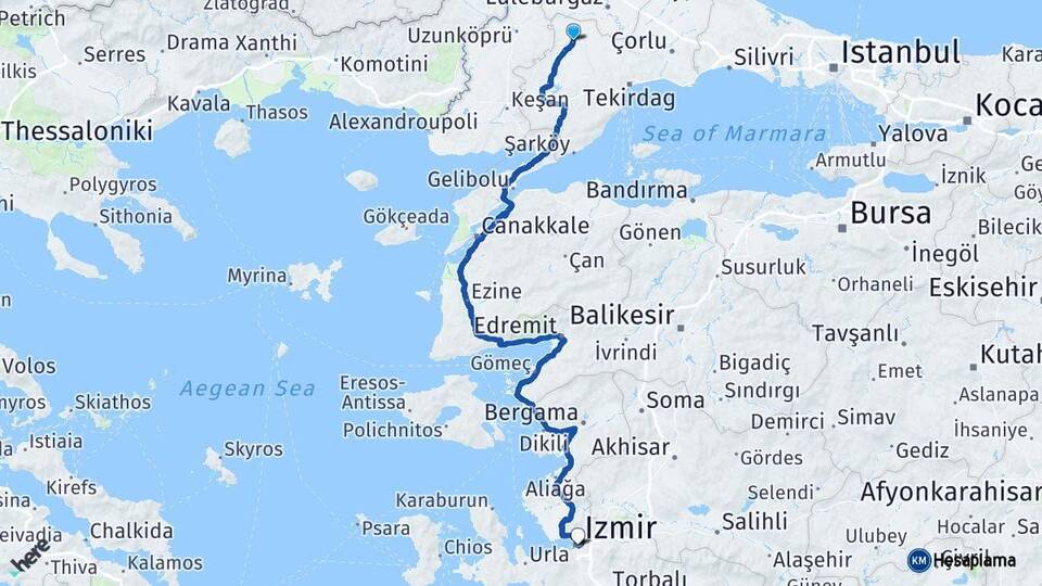 Tekirdağ Hayrabolu İzmir Arası Kaç Km - Yol Haritası