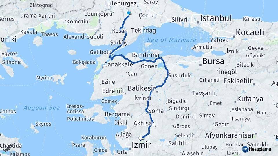 Tekirdağ Hayrabolu Manisa Arası Kaç Km - Yol Haritası