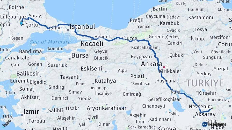 Tekirdağ Hayrabolu Nevşehir Arası Kaç Km - Yol Haritası