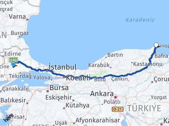 Tekirdağ Hayrabolu Sinop Arası Kaç Km - Yol Haritası