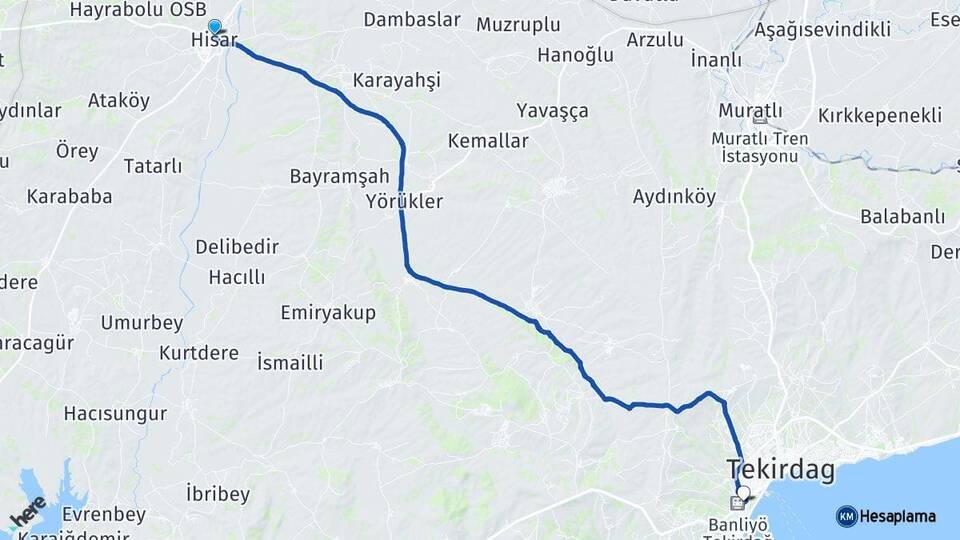 Tekirdağ Hayrabolu Süleymanpaşa Arası Kaç Km - Yol Haritası