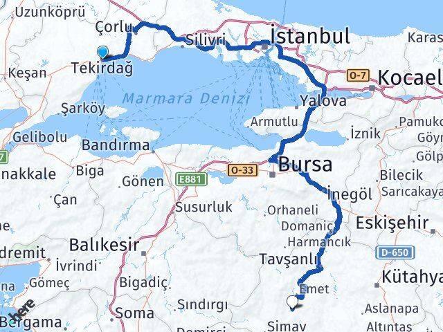 Tekirdağ Hisarcık Kütahya Arası Kaç Km - Yol Haritası