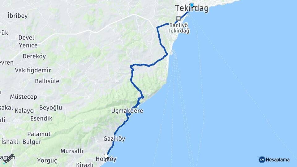 Tekirdağ Hoşköy Şarköy Arası Kaç Km - Yol Haritası