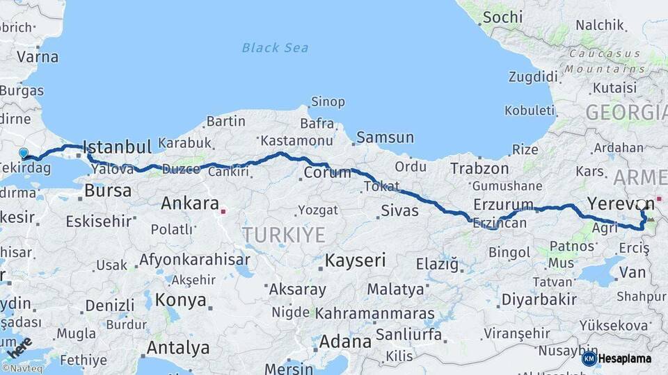 Tekirdağ Iğdır Arası Kaç Km - Yol Haritası