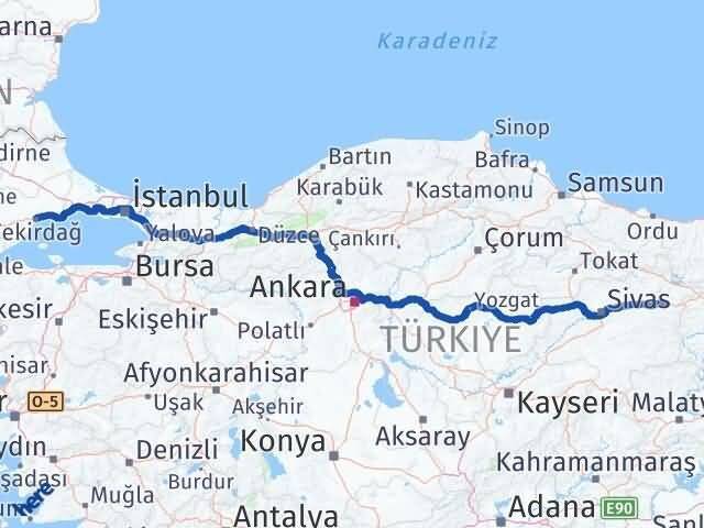Tekirdağ İmranlı Sivas Arası Kaç Km - Yol Haritası