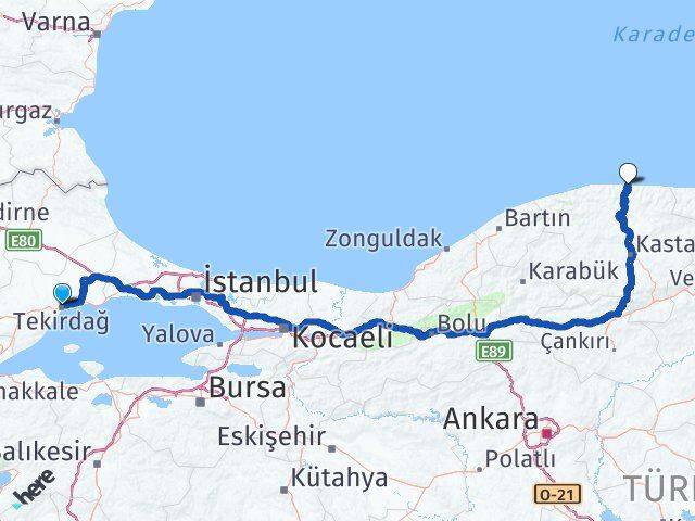 Tekirdağ İnebolu Kastamonu Arası Kaç Km - Yol Haritası