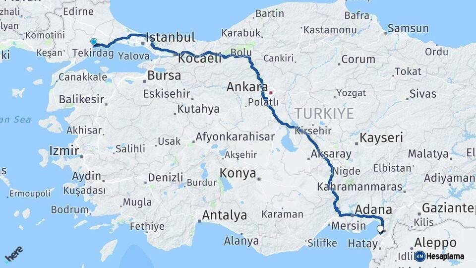 Tekirdağ İskenderun Hatay Arası Kaç Km - Yol Haritası