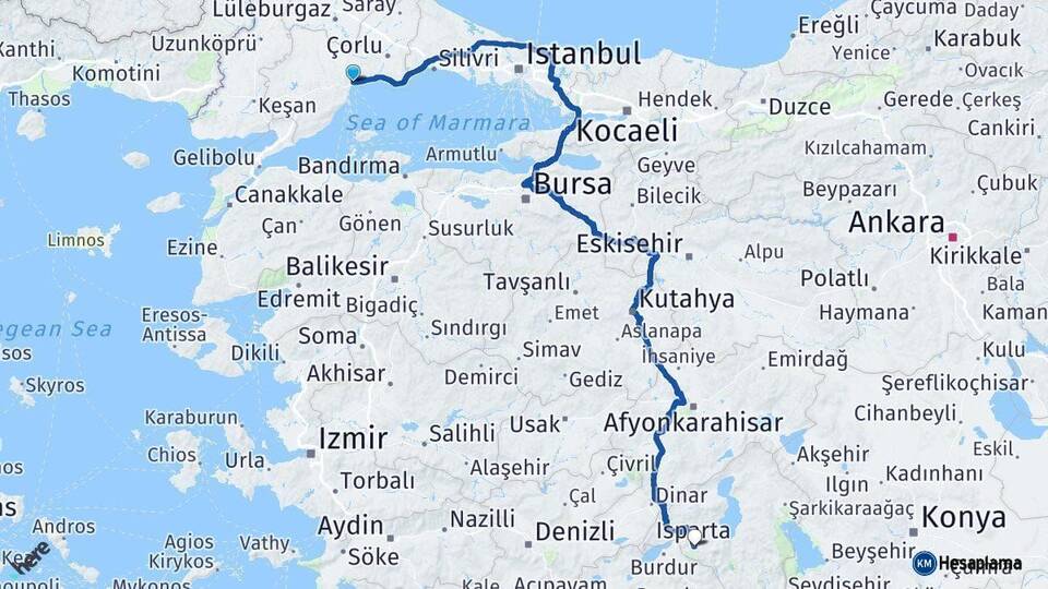 Tekirdağ Isparta Arası Kaç Km - Yol Haritası