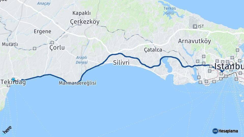 Tekirdağ İstanbul Arası Kaç Km - Yol Haritası