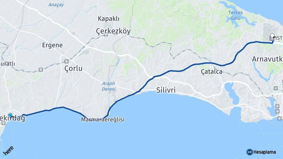 Tekirdağ İstanbul Havalimanı Arası Kaç Km - Yol Haritası