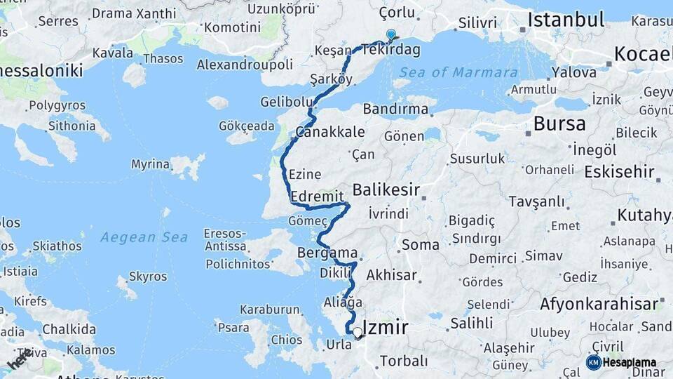 Tekirdağ İzmir Arası Kaç Km - Yol Haritası