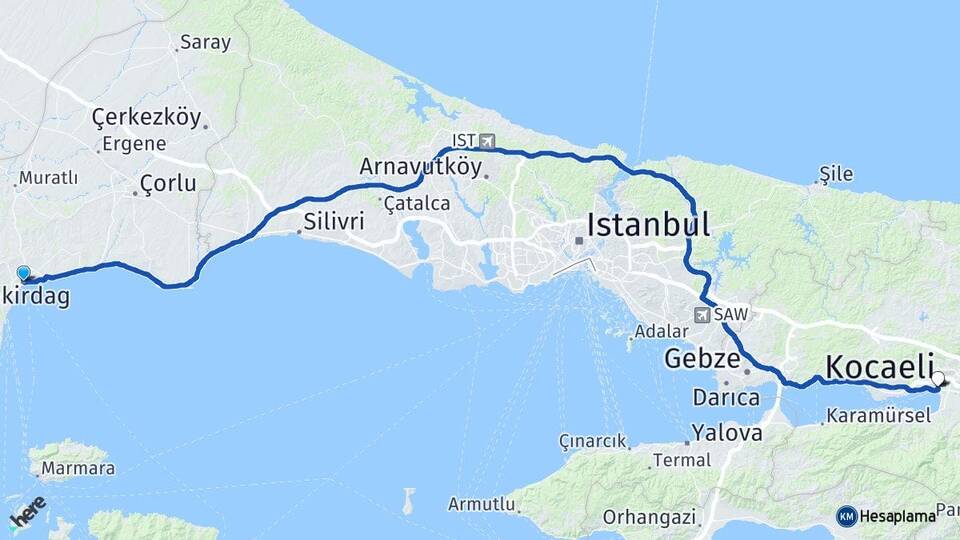 Tekirdağ İzmit Kocaeli Arası Kaç Km - Yol Haritası