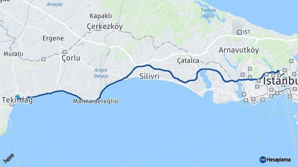 Tekirdağ Kağıthane İstanbul Arası Kaç Km - Yol Haritası