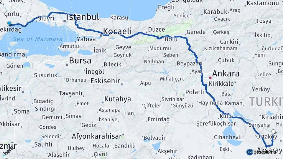Tekirdağ Kapadokya Havalimanı Arası Kaç Km - Yol Haritası