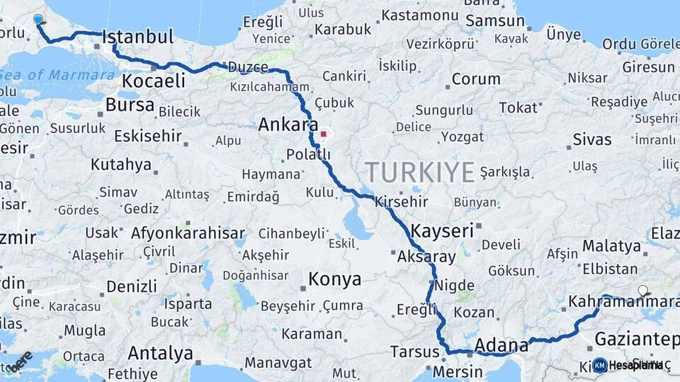 Tekirdağ Kapaklı Adıyaman Arası Kaç Km - Yol Haritası