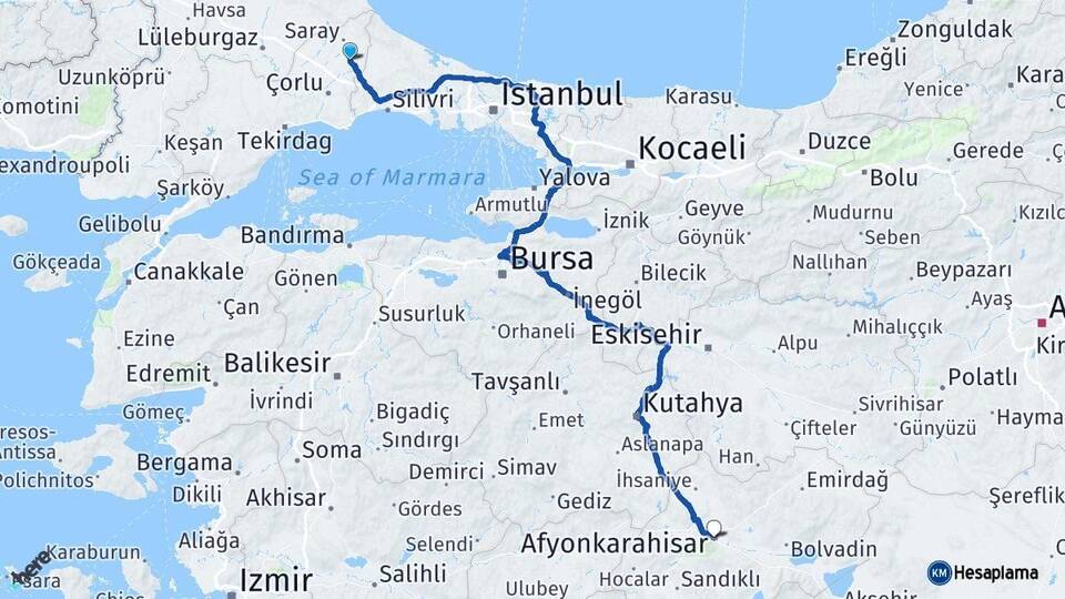 Tekirdağ Kapaklı Afyonkarahisar Arası Kaç Km - Yol Haritası