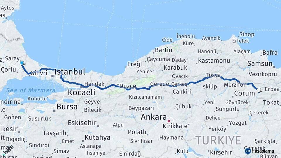 Tekirdağ Kapaklı Amasya Arası Kaç Km - Yol Haritası