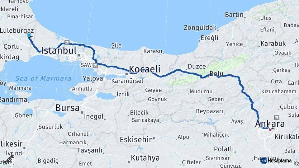 Tekirdağ Kapaklı Ankara Arası Kaç Km - Yol Haritası