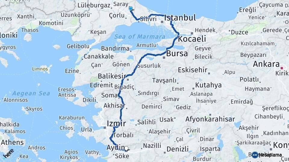 Tekirdağ Kapaklı Aydın Arası Kaç Km - Yol Haritası
