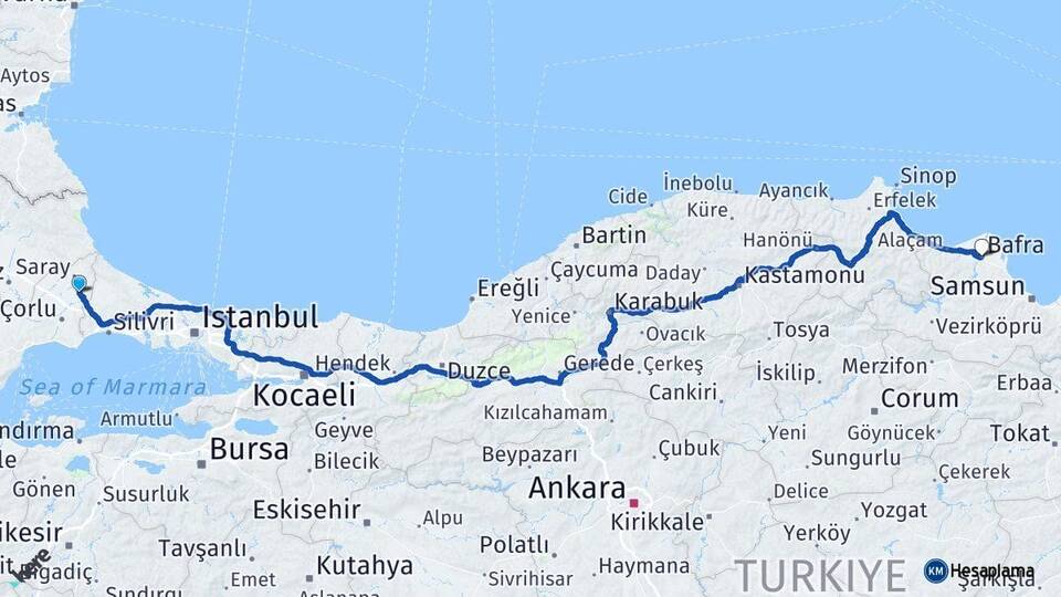 Tekirdağ Kapaklı Bafra Samsun Arası Kaç Km - Yol Haritası