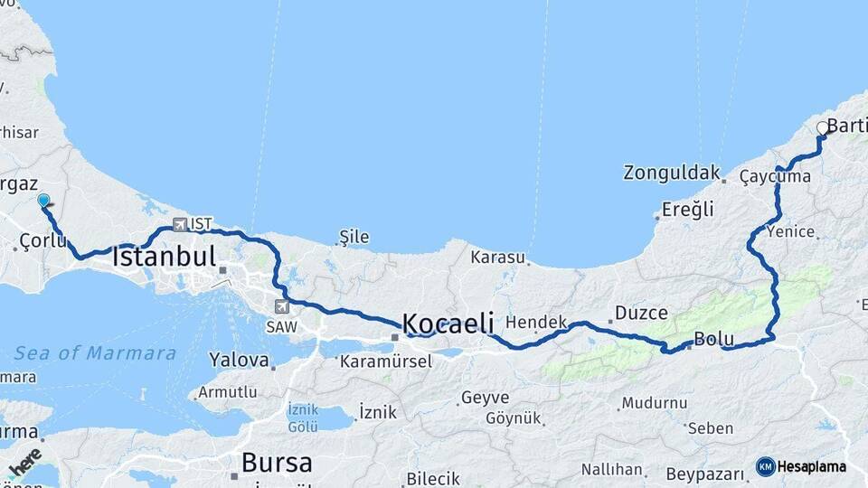 Tekirdağ Kapaklı Bartın Arası Kaç Km - Yol Haritası