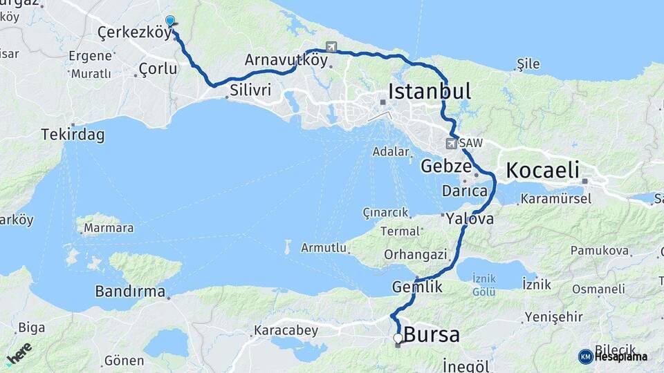 Tekirdağ Kapaklı Bursa Arası Kaç Km - Yol Haritası